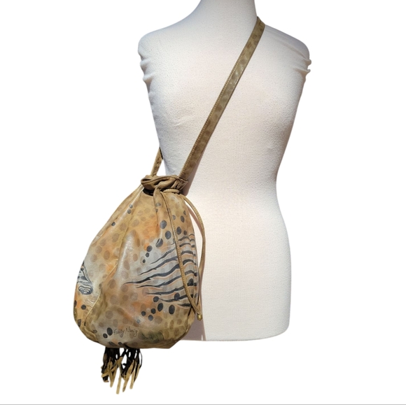 Vintage 80's Fancy Nancy Hand Painted Zebra Leather Bucket Boho Streetwear Bag - Picture 1 of 12